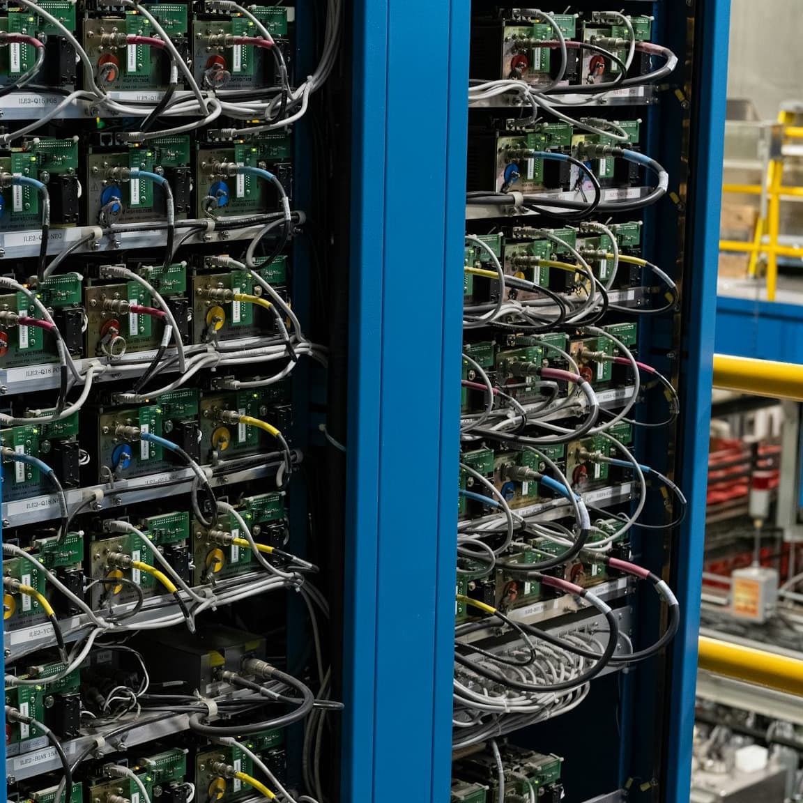 Rack-mounted control electronics and cable looms inside an industrial cabinet.